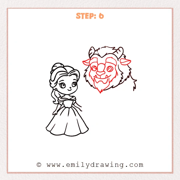 how to draw a beauty and the beast - Step 6: The Beast’s face is detailed with eyes, brows, nose, mouth, fangs, and a chin tuft.